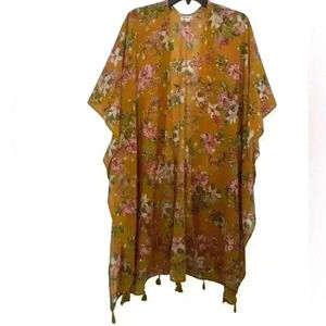 Ultra Pink 1X Floral Kimono Cover-Up with Tassel Detail - Mustard Yellow